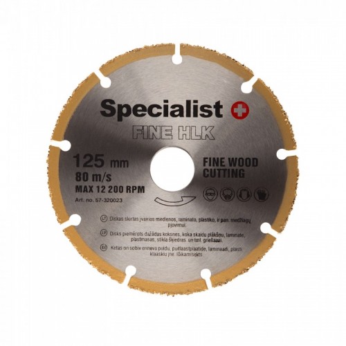 Specialist 57-320023 diskas 125mm FINE HLK medžiui, medžio drožlių plokščių, laminato, plastiko, stiklo pluošto ir panašių medžiagų pjovimu