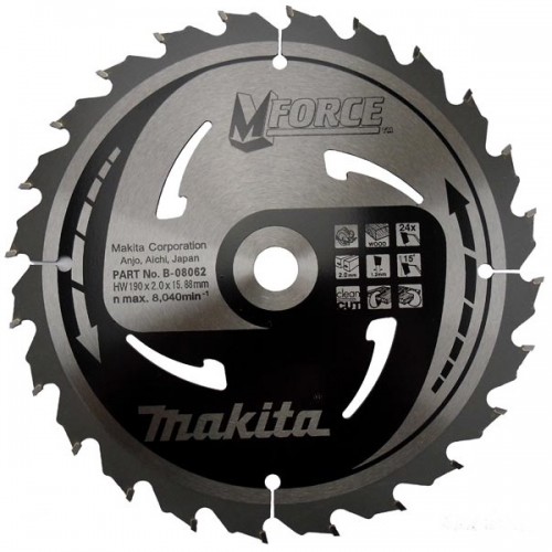 Makita B-08062 Pjovimo diskas 190X2X15.88mm 15° T24 Švariam greitam pjūviui, M-FORCE