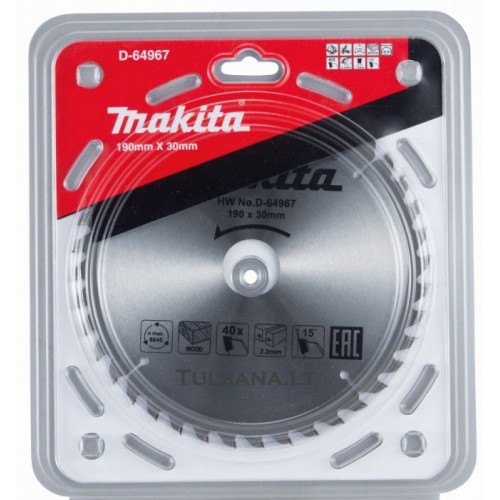 Makita D-64967 Pjovimo diskas medžiui, 190x30*2,2mm, 40 volframo karbido dantys, 15°